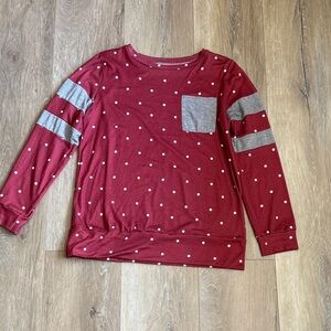 Burgundy Polka Dot Long Sleeve Top with Gray Pocket